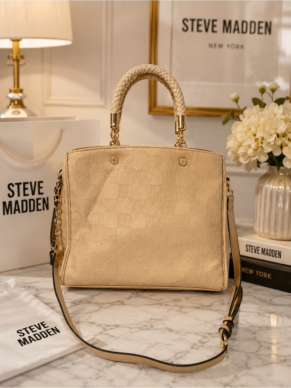NWT Steve Madden Bjeanne Crossbody Satchel in Camel Monogram